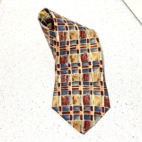 Vintage Oscar De La Renta Silk Tie Necktie Luxury Made in USA Mod Retro tan blue - Picture 1 of 7